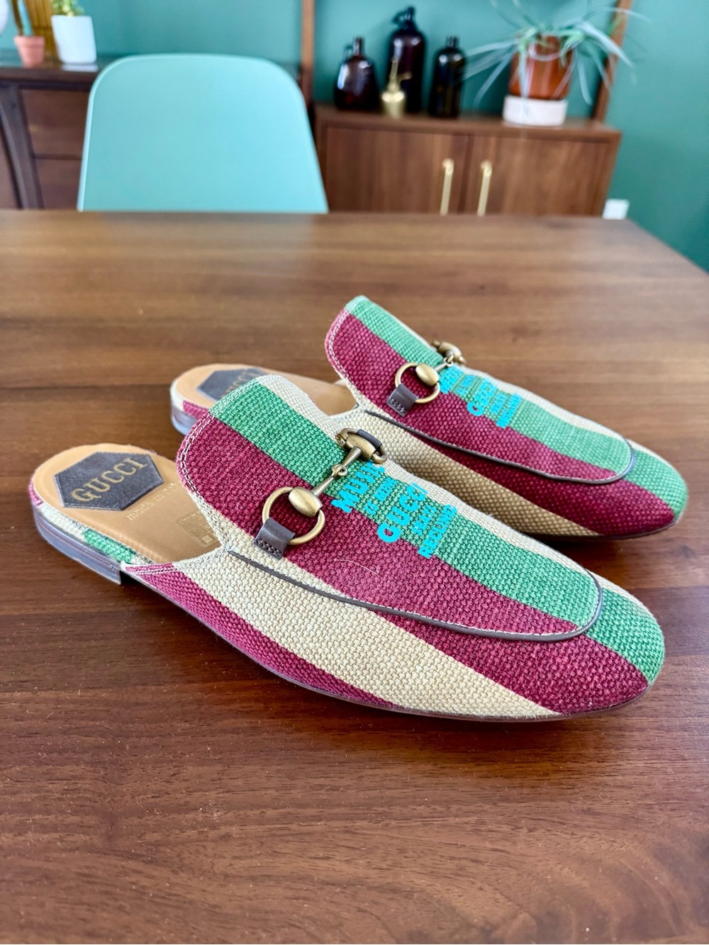 Gucci Princetown Gucci Music Horsebit Mule Loafers Blue Canvas Leather Backless